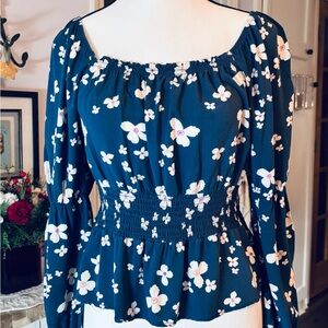 Navy with White Floral Pattern Square Neck Line Long Sleeve Top